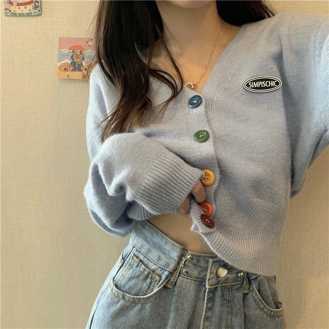 2021 New Korean Sweet Cardigan Sweater Women Single Breasted V-neck Long-sleeved Knitted Jacket S-4XL Short Cardigan 6 colors