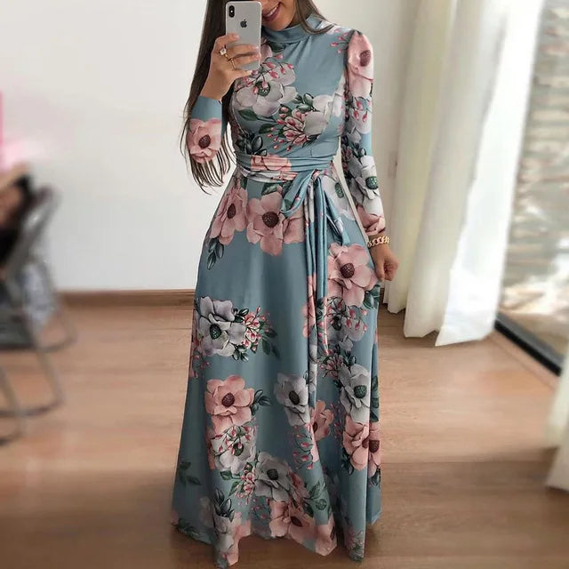 2023 Autumn New European and American Flower Print Short Sleeve Large Swing Dress for Women