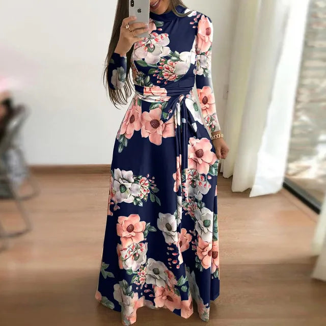 2023 Autumn New European and American Flower Print Short Sleeve Large Swing Dress for Women