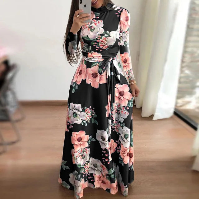 2023 Autumn New European and American Flower Print Short Sleeve Large Swing Dress for Women