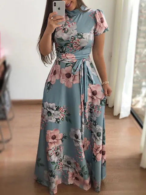 2023 Autumn New European and American Flower Print Short Sleeve Large Swing Dress for Women