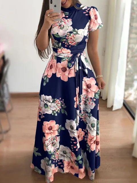 2023 Autumn New European and American Flower Print Short Sleeve Large Swing Dress for Women