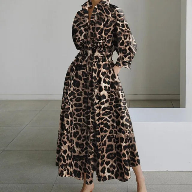 2023 Autumn/Winter Women's Fashion Luxury Leopard Print Unique Pullover POLO Neck Shirt Sleeves High Waist Loose Swing Dress
