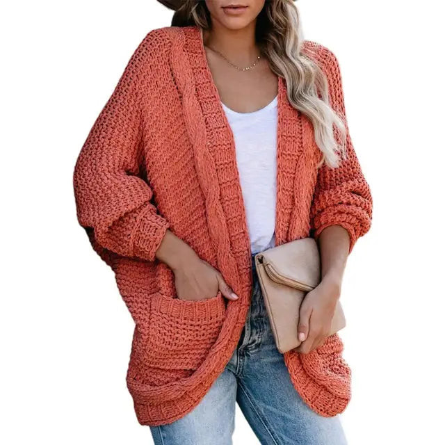2023 New Fashion Casual Clothing Cardigan Solid Color Loose Women Knitted Jacket Sweater Winter Women's Pocket Large Size S-2XL