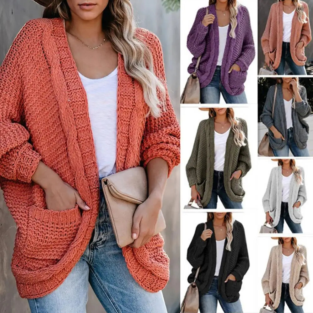 2023 New Fashion Casual Clothing Cardigan Solid Color Loose Women Knitted Jacket Sweater Winter Women's Pocket Large Size S-2XL