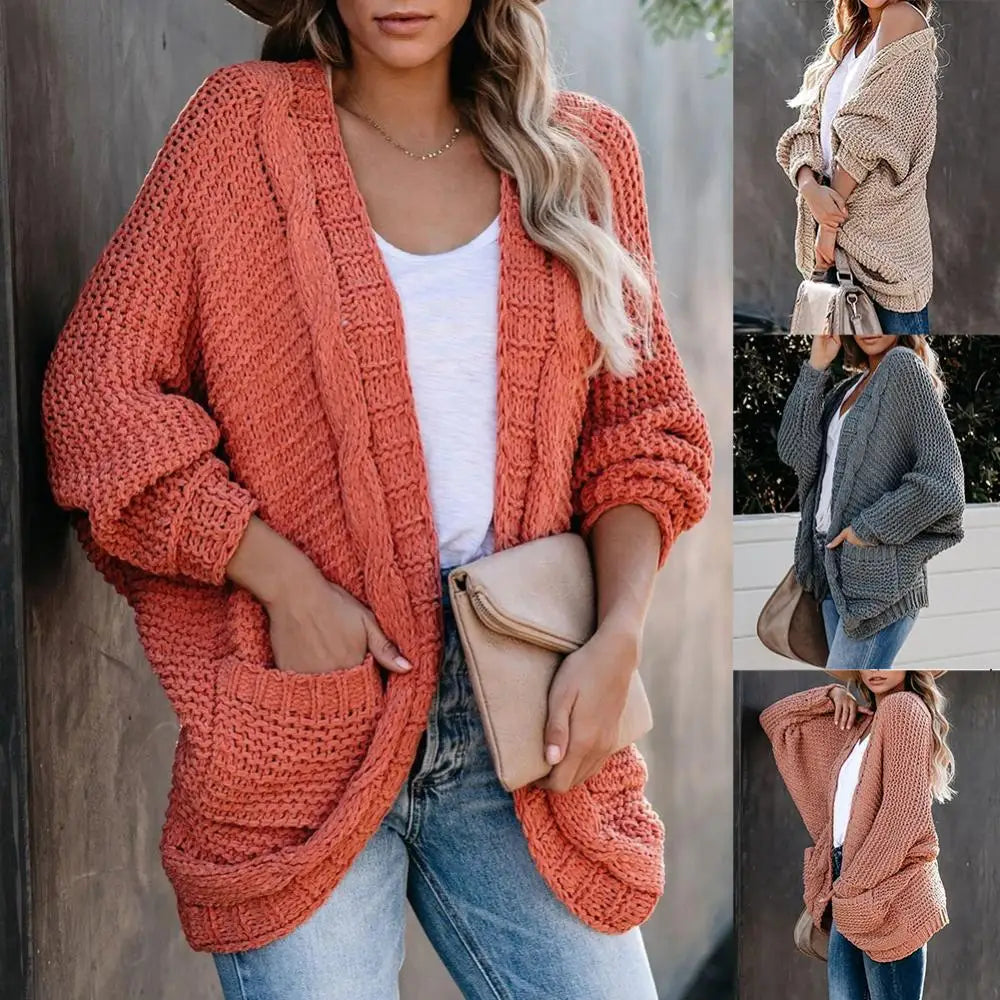 2023 New Fashion Casual Clothing Cardigan Solid Color Loose Women Knitted Jacket Sweater Winter Women's Pocket Large Size S-2XL