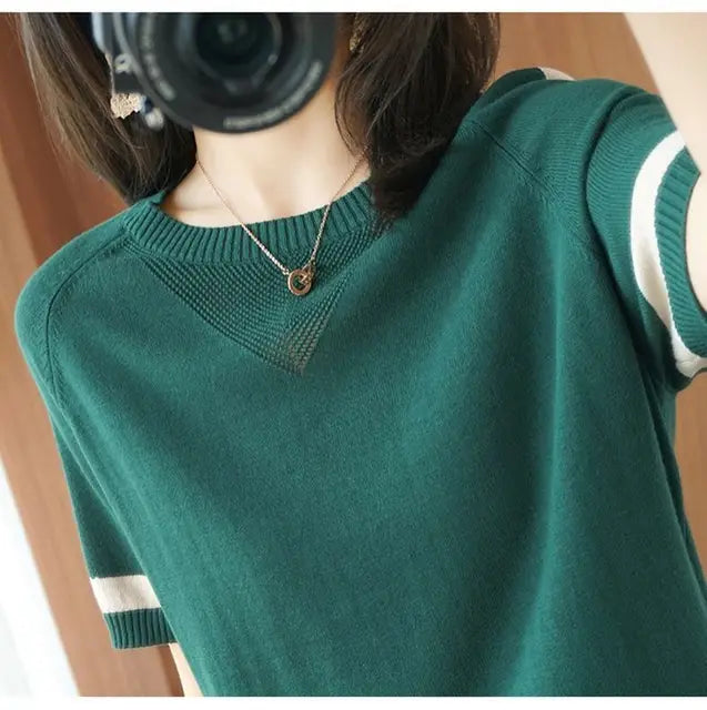 2023 New Short Sleeve Women's T-Shirt High Quality Korean Version Loose Patchwork Jacket Mesh Large Size Knitwear Casual Fashion