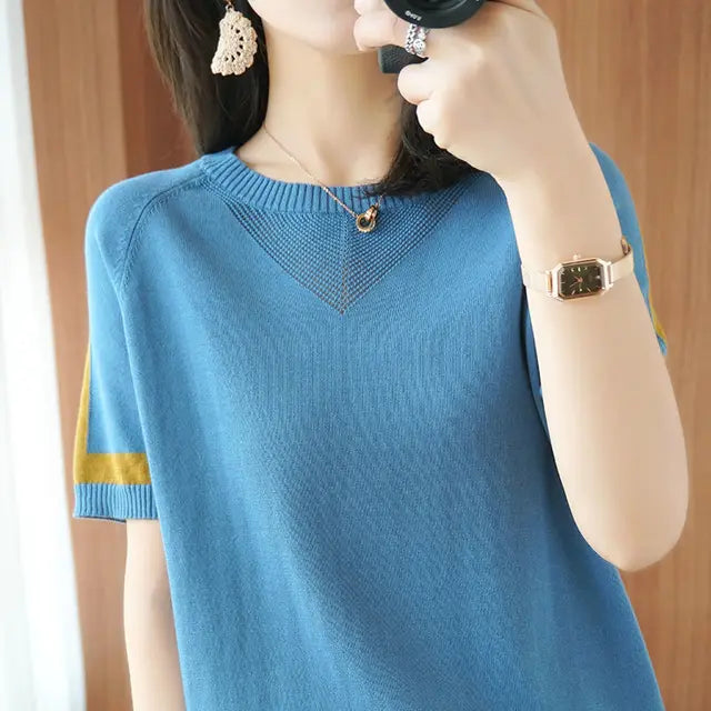 2023 New Short Sleeve Women's T-Shirt High Quality Korean Version Loose Patchwork Jacket Mesh Large Size Knitwear Casual Fashion