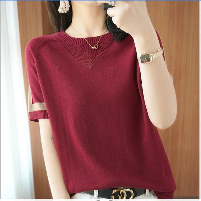 2023 New Short Sleeve Women's T-Shirt High Quality Korean Version Loose Patchwork Jacket Mesh Large Size Knitwear Casual Fashion