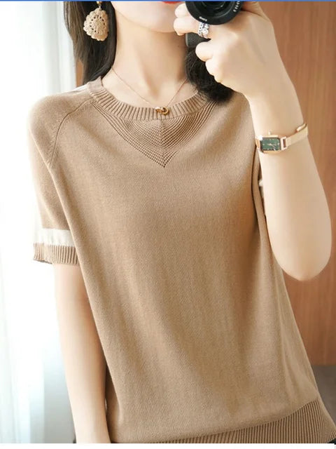 2023 New Short Sleeve Women's T-Shirt High Quality Korean Version Loose Patchwork Jacket Mesh Large Size Knitwear Casual Fashion