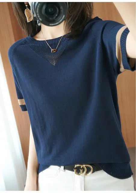 2023 New Short Sleeve Women's T-Shirt High Quality Korean Version Loose Patchwork Jacket Mesh Large Size Knitwear Casual Fashion