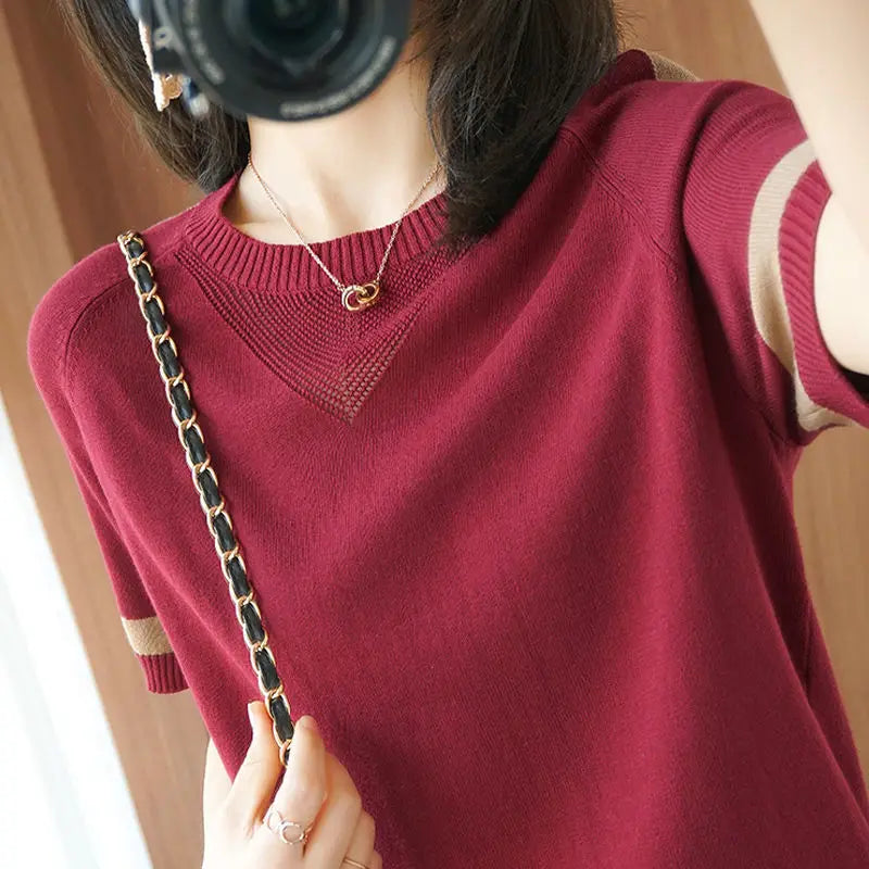 2023 New Short Sleeve Women's T-Shirt High Quality Korean Version Loose Patchwork Jacket Mesh Large Size Knitwear Casual Fashion