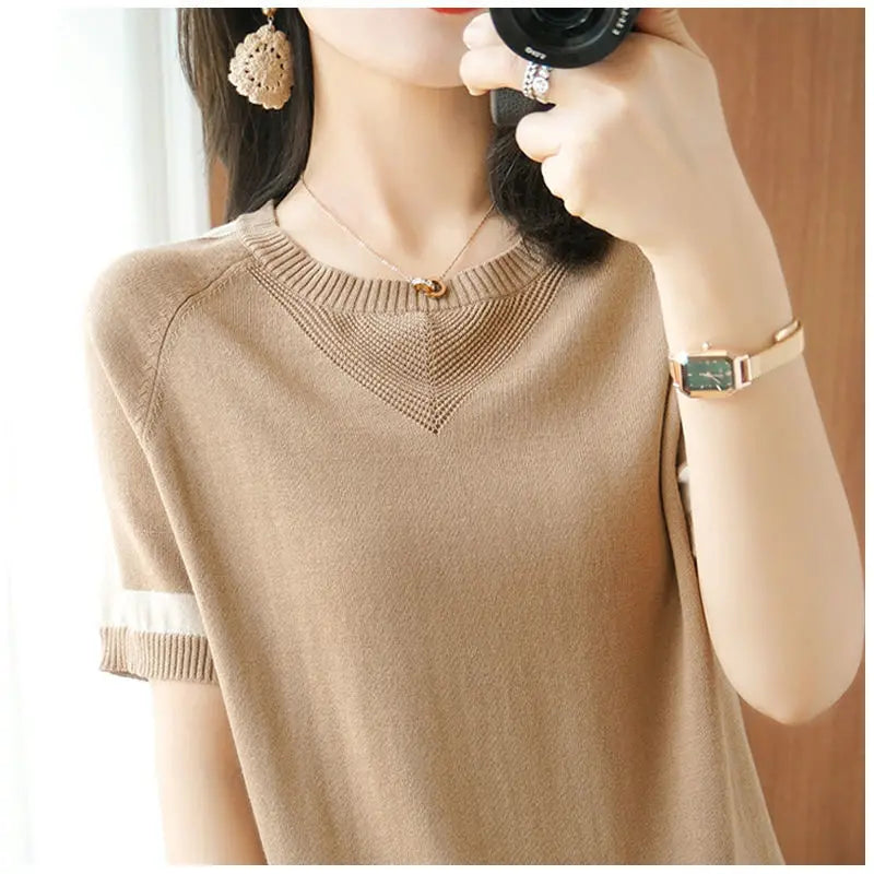 2023 New Short Sleeve Women's T-Shirt High Quality Korean Version Loose Patchwork Jacket Mesh Large Size Knitwear Casual Fashion