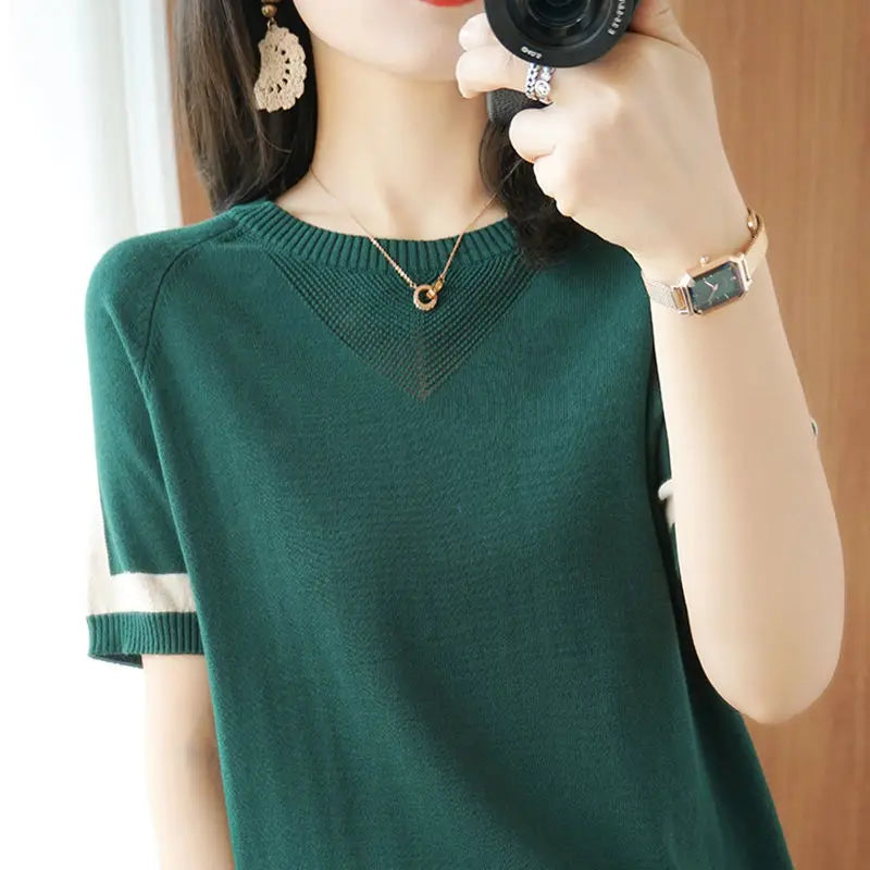 2023 New Short Sleeve Women's T-Shirt High Quality Korean Version Loose Patchwork Jacket Mesh Large Size Knitwear Casual Fashion