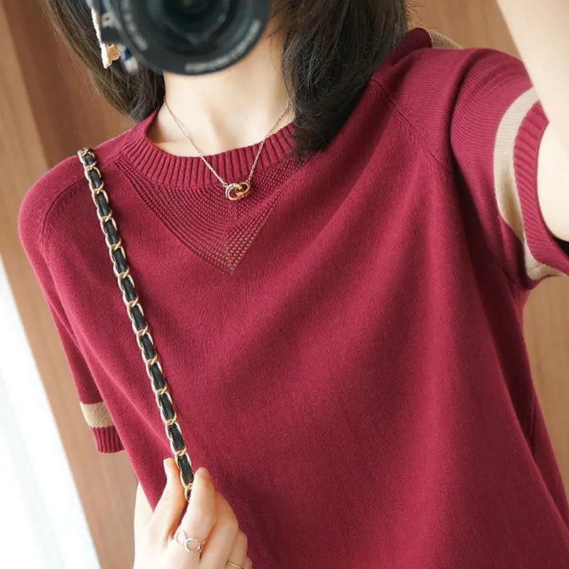 2023 New Short Sleeve Women's T-Shirt High Quality Korean Version Loose Patchwork Jacket Mesh Large Size Knitwear Casual Fashion