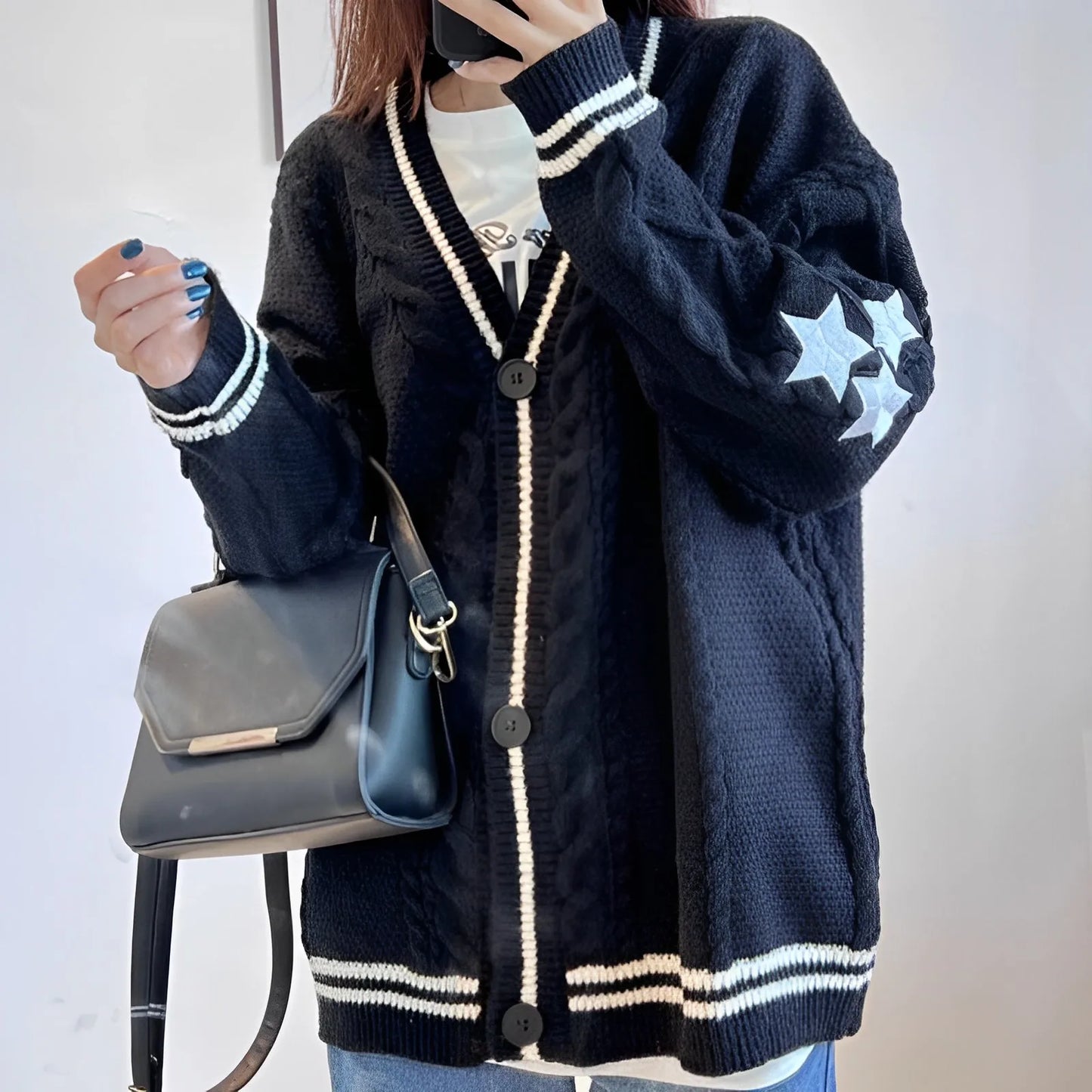 2023 S-XL Autumn Handmade Women Knitted Cropped Cardigan Coarse Yarn Multicolor V -neck Slight Strech Y2k Sweaters for Women