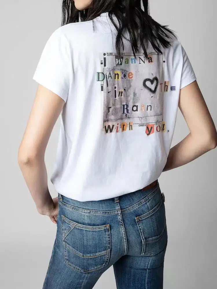 2023 Spring Summer New Women T-shirt Back Color Letter Pattern White Short Sleeve(size Only Have S.M,L)