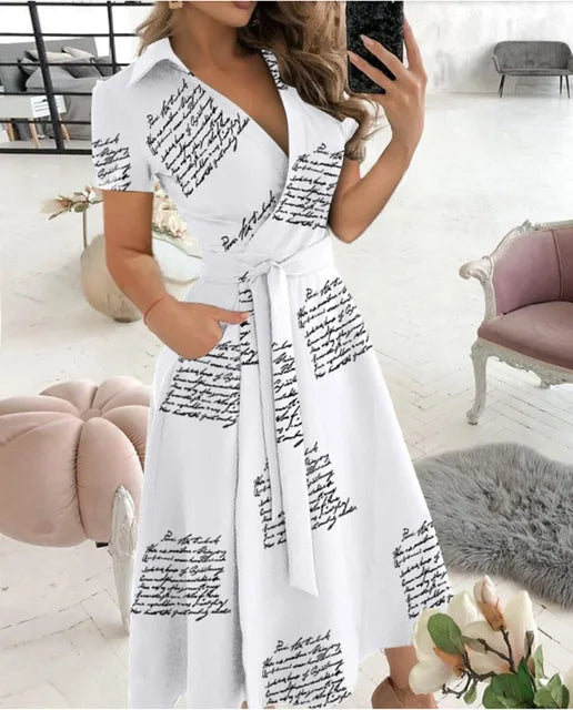 2023 Summer New Solid Color Fashion Temperament Fresh Sweet Elegant Pullover V-Neck Mid Waist Wave Dot Printed Dress For Women
