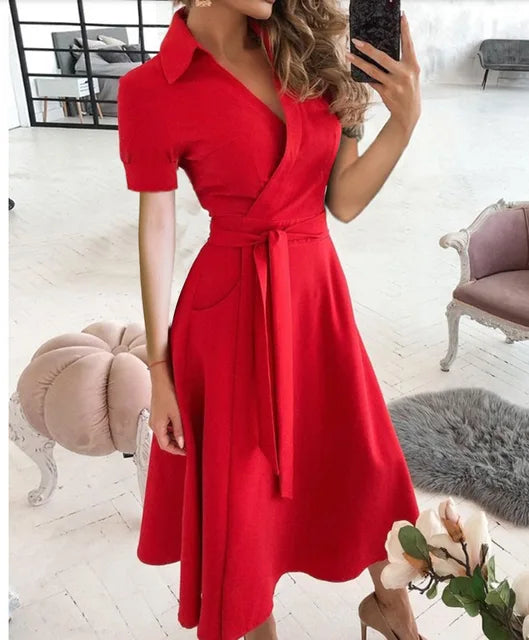 2023 Summer New Solid Color Fashion Temperament Fresh Sweet Elegant Pullover V-Neck Mid Waist Wave Dot Printed Dress For Women