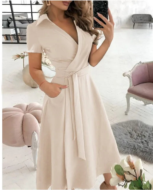 2023 Summer New Solid Color Fashion Temperament Fresh Sweet Elegant Pullover V-Neck Mid Waist Wave Dot Printed Dress For Women