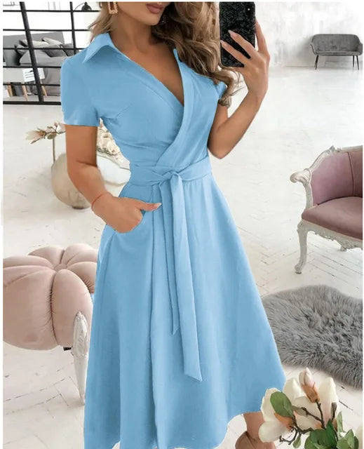 2023 Summer New Solid Color Fashion Temperament Fresh Sweet Elegant Pullover V-Neck Mid Waist Wave Dot Printed Dress For Women