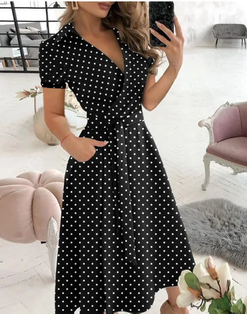 2023 Summer New Solid Color Fashion Temperament Fresh Sweet Elegant Pullover V-Neck Mid Waist Wave Dot Printed Dress For Women