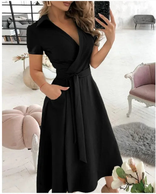 2023 Summer New Solid Color Fashion Temperament Fresh Sweet Elegant Pullover V-Neck Mid Waist Wave Dot Printed Dress For Women