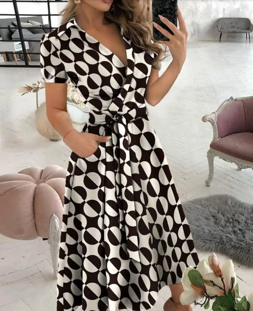 2023 Summer New Solid Color Fashion Temperament Fresh Sweet Elegant Pullover V-Neck Mid Waist Wave Dot Printed Dress For Women