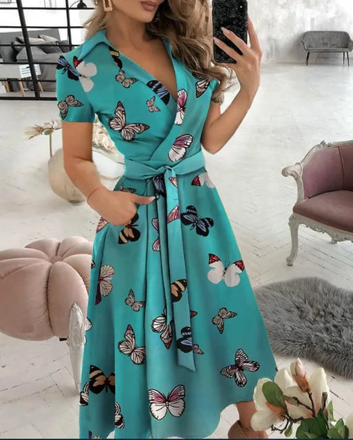 2023 Summer New Solid Color Fashion Temperament Fresh Sweet Elegant Pullover V-Neck Mid Waist Wave Dot Printed Dress For Women