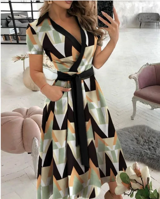 2023 Summer New Solid Color Fashion Temperament Fresh Sweet Elegant Pullover V-Neck Mid Waist Wave Dot Printed Dress For Women