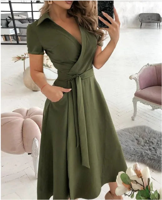 2023 Summer New Solid Color Fashion Temperament Fresh Sweet Elegant Pullover V-Neck Mid Waist Wave Dot Printed Dress For Women