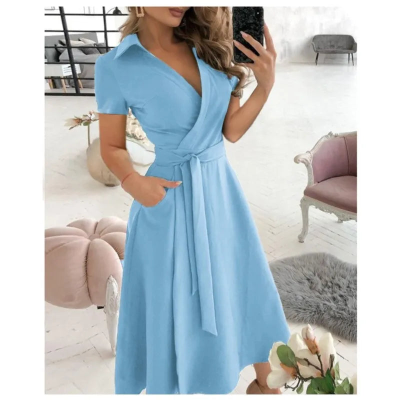 2023 Summer New Solid Color Fashion Temperament Fresh Sweet Elegant Pullover V-Neck Mid Waist Wave Dot Printed Dress For Women