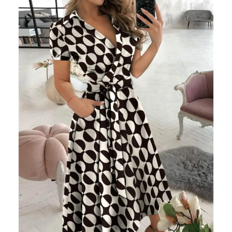 2023 Summer New Solid Color Fashion Temperament Fresh Sweet Elegant Pullover V-Neck Mid Waist Wave Dot Printed Dress For Women