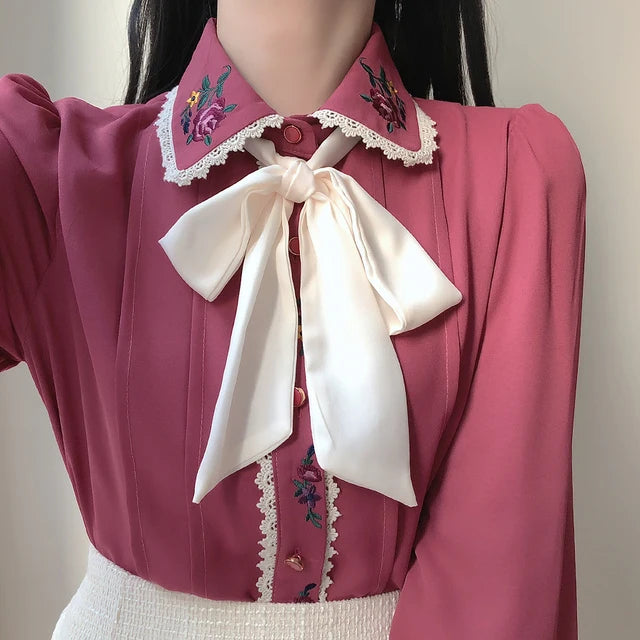 2023 Women' Cute Bow Tie Ribbon Tops Preppy Style Vintage Japan Korea Design Button Elegant Formal Shirts Blouses