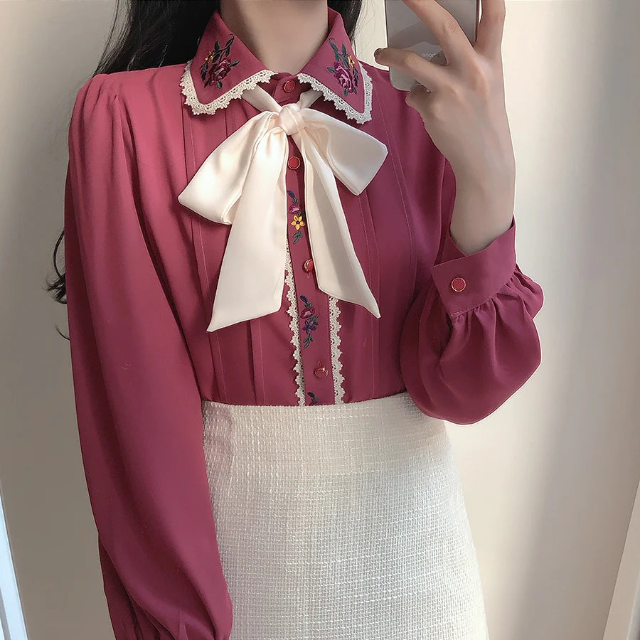 2023 Women' Cute Bow Tie Ribbon Tops Preppy Style Vintage Japan Korea Design Button Elegant Formal Shirts Blouses