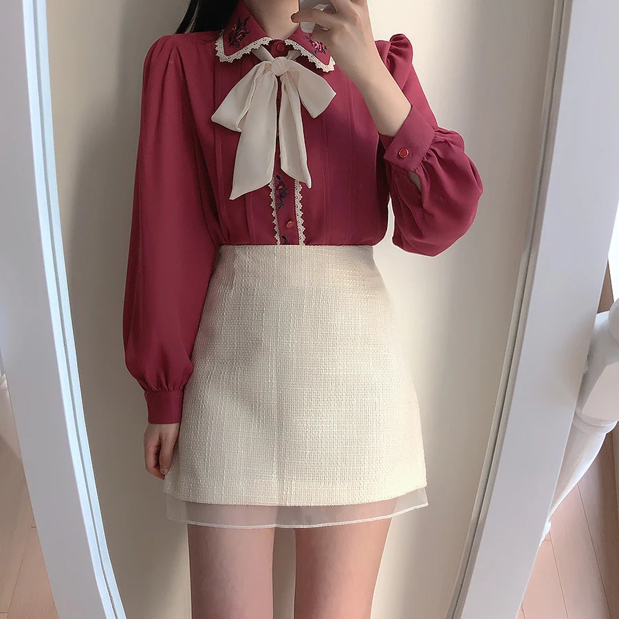 2023 Women' Cute Bow Tie Ribbon Tops Preppy Style Vintage Japan Korea Design Button Elegant Formal Shirts Blouses