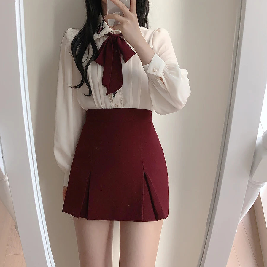 2023 Women' Cute Bow Tie Ribbon Tops Preppy Style Vintage Japan Korea Design Button Elegant Formal Shirts Blouses