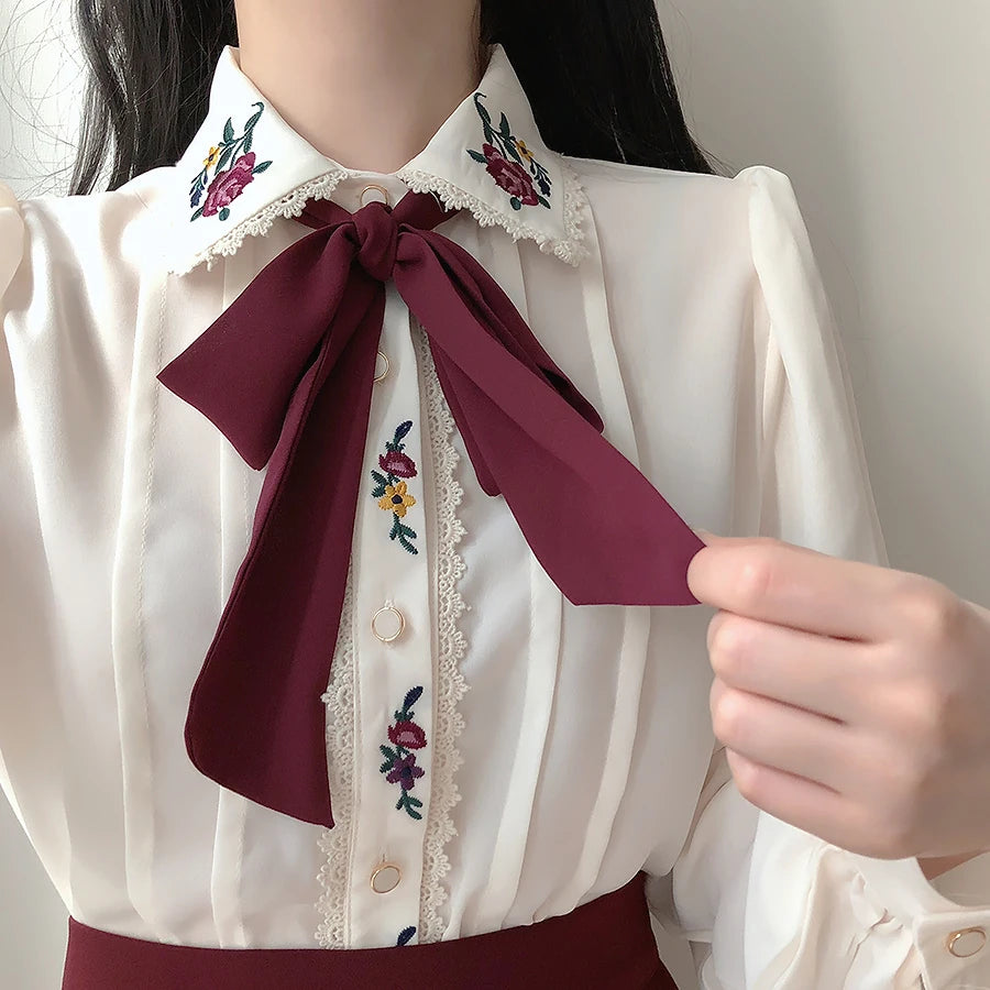 2023 Women' Cute Bow Tie Ribbon Tops Preppy Style Vintage Japan Korea Design Button Elegant Formal Shirts Blouses
