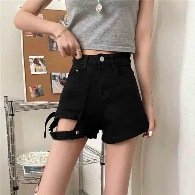 3 Sizes S-l Irregular Button Fly High Waist All Match Summer Slim Straight Simple Denim Women Shorts