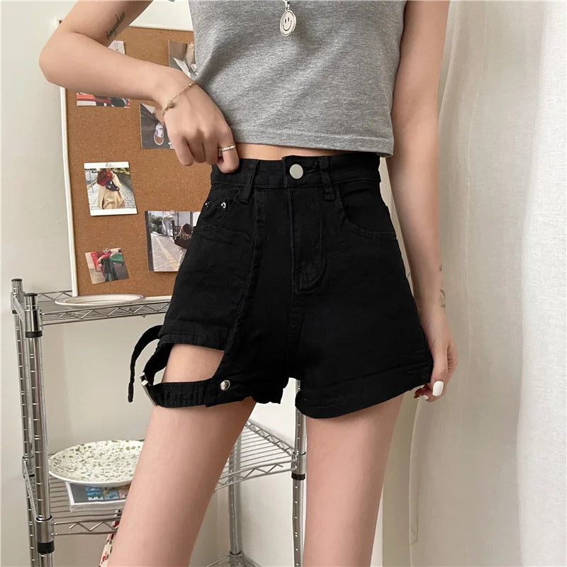 3 Sizes S-l Irregular Button Fly High Waist All Match Summer Slim Straight Simple Denim Women Shorts