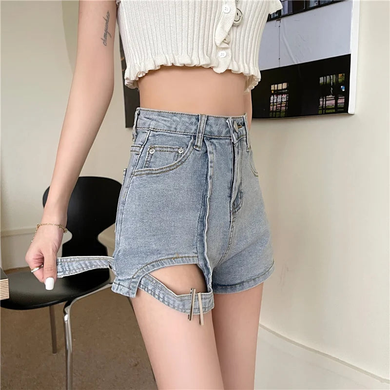 3 Sizes S-l Irregular Button Fly High Waist All Match Summer Slim Straight Simple Denim Women Shorts