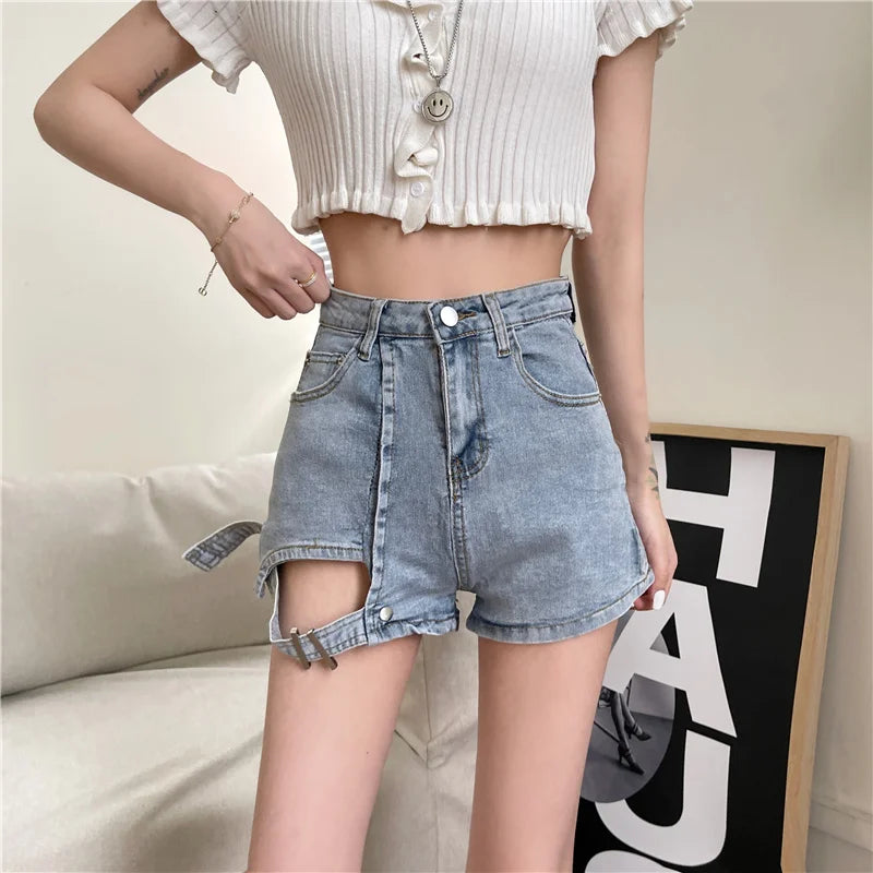 3 Sizes S-l Irregular Button Fly High Waist All Match Summer Slim Straight Simple Denim Women Shorts