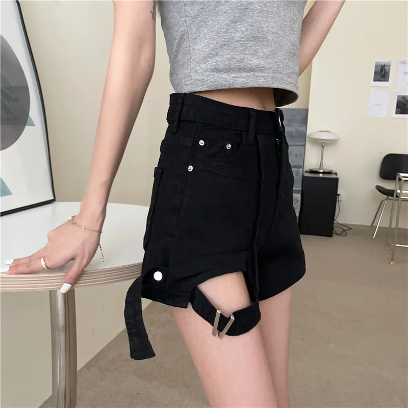 3 Sizes S-l Irregular Button Fly High Waist All Match Summer Slim Straight Simple Denim Women Shorts