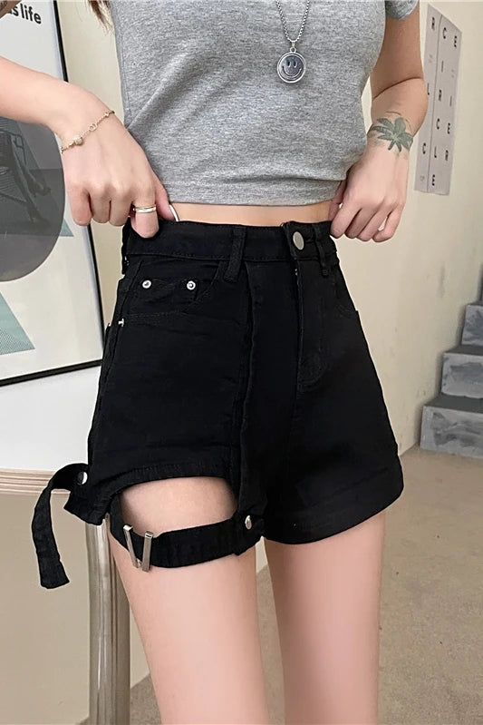 3 Sizes S-l Irregular Button Fly High Waist All Match Summer Slim Straight Simple Denim Women Shorts