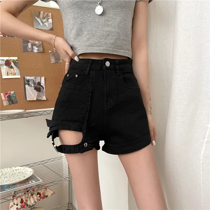 3 Sizes S-l Irregular Button Fly High Waist All Match Summer Slim Straight Simple Denim Women Shorts