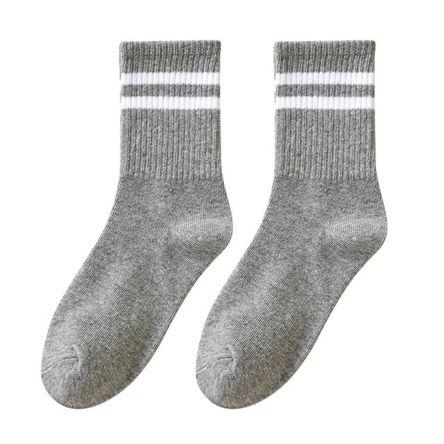 5 Pairs Women'S Mid Length Socks Solid Color Parallel Stripe Simple Fashionable Sports Sweat-Absorbing High-Quality Girls' Socks