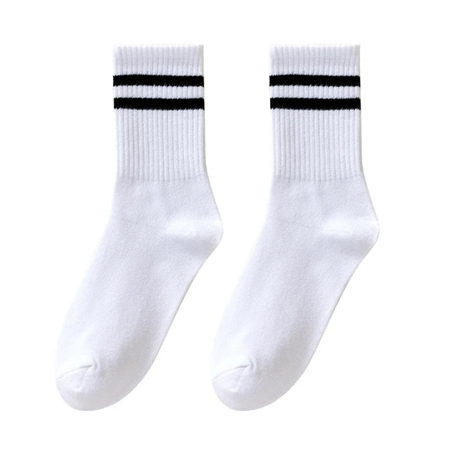 5 Pairs Women'S Mid Length Socks Solid Color Parallel Stripe Simple Fashionable Sports Sweat-Absorbing High-Quality Girls' Socks