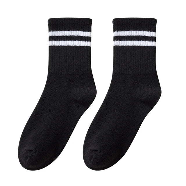 5 Pairs Women'S Mid Length Socks Solid Color Parallel Stripe Simple Fashionable Sports Sweat-Absorbing High-Quality Girls' Socks
