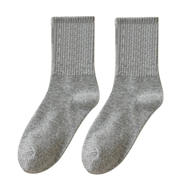 5 Pairs Women'S Mid Length Socks Solid Color Parallel Stripe Simple Fashionable Sports Sweat-Absorbing High-Quality Girls' Socks