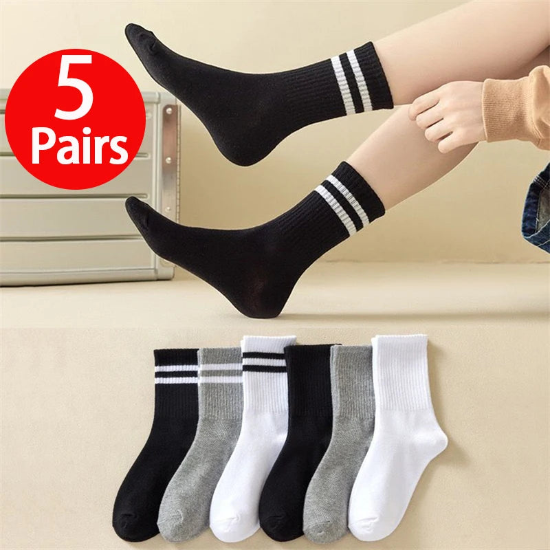 5 Pairs Women'S Mid Length Socks Solid Color Parallel Stripe Simple Fashionable Sports Sweat-Absorbing High-Quality Girls' Socks
